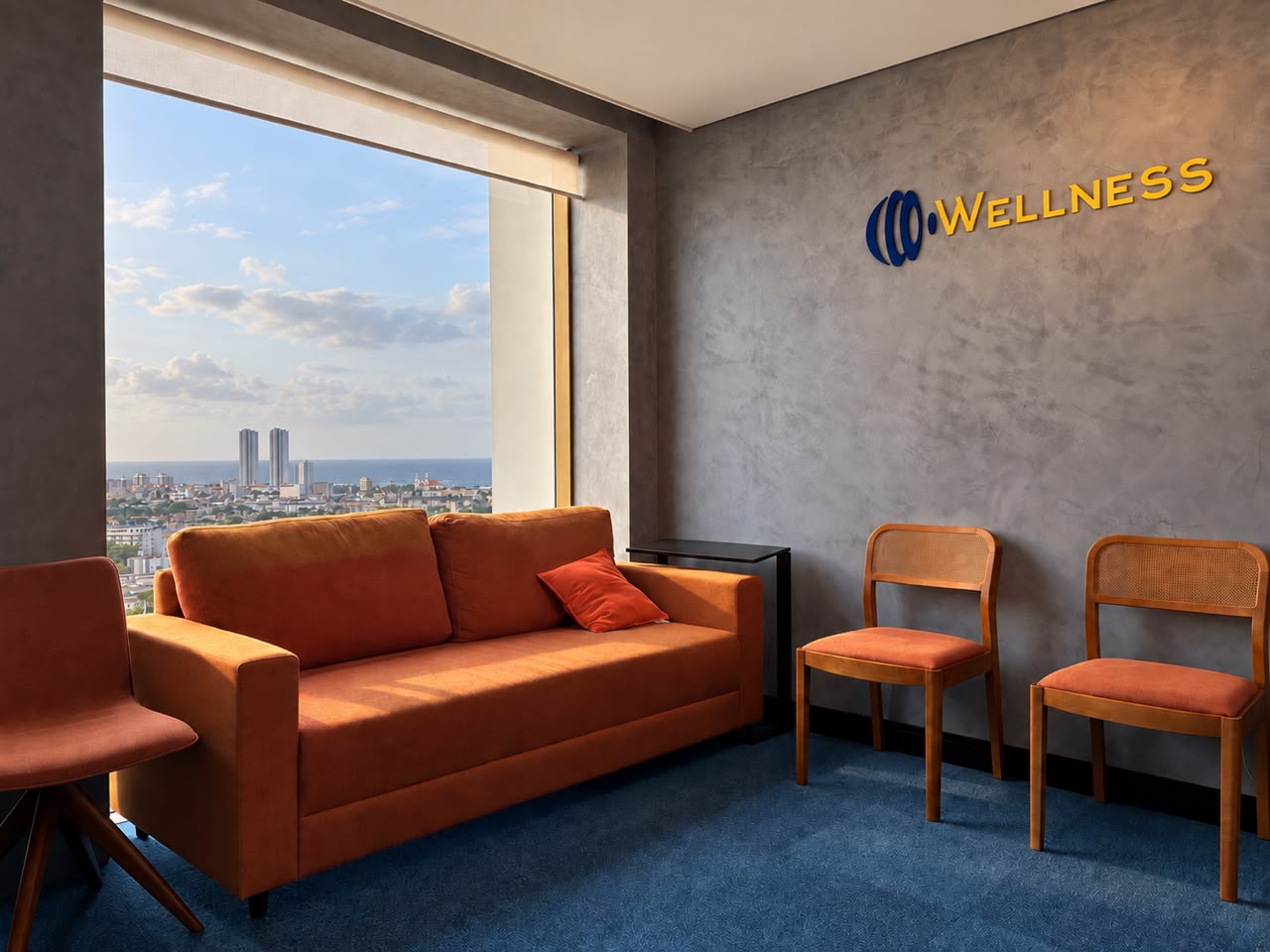 Sala de espera do Espaço Wellness com vista para Recife